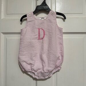 “D” 12 Month Monogrammed Pink Seersucker Bubble One Piece Outfit Pink Summer